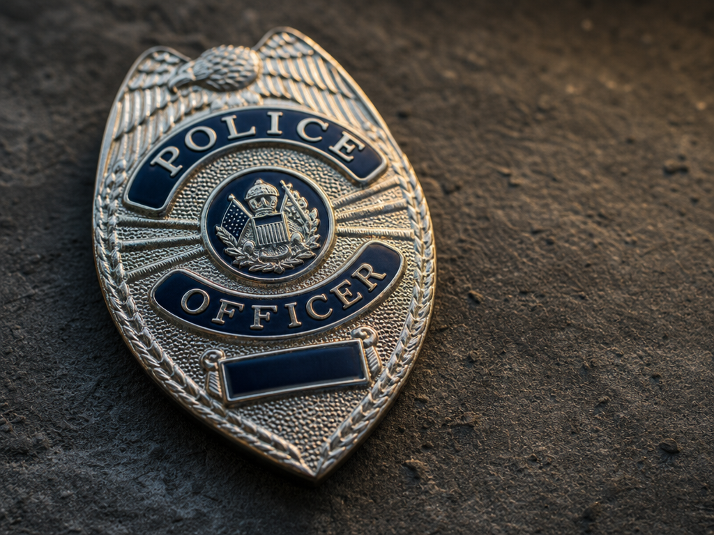 Close-up of police badge metal surface