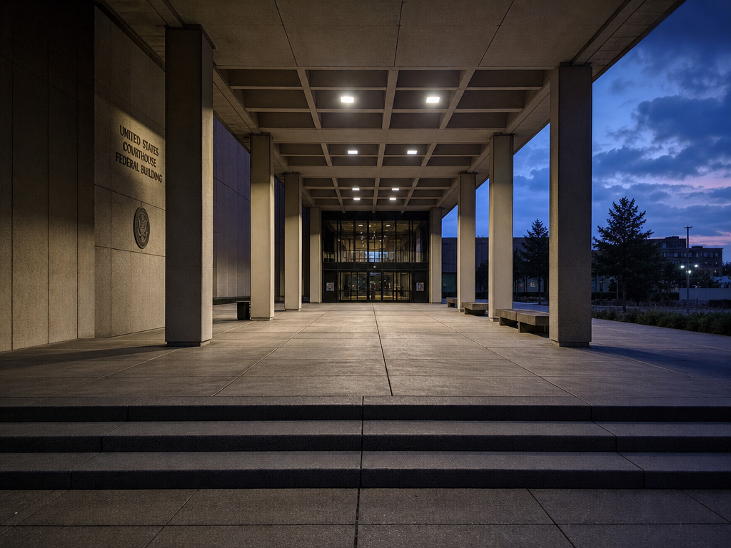 First-person camera view of government building exterior with mounted security camera
