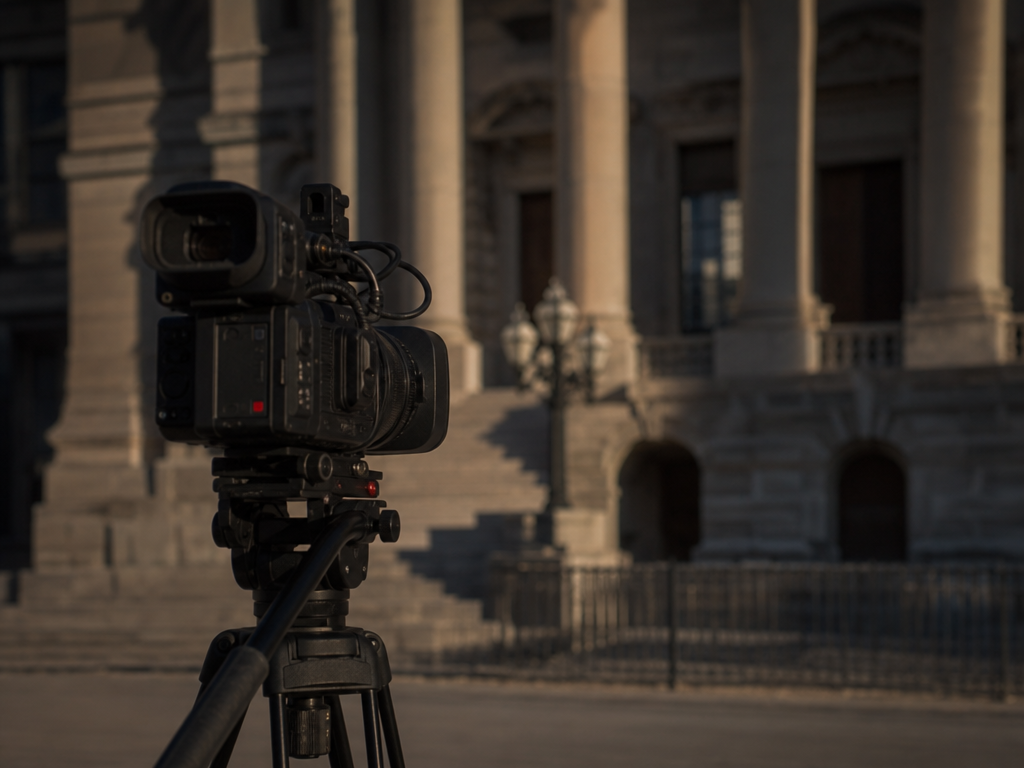 Camera held at eye level filming a public space near a government building